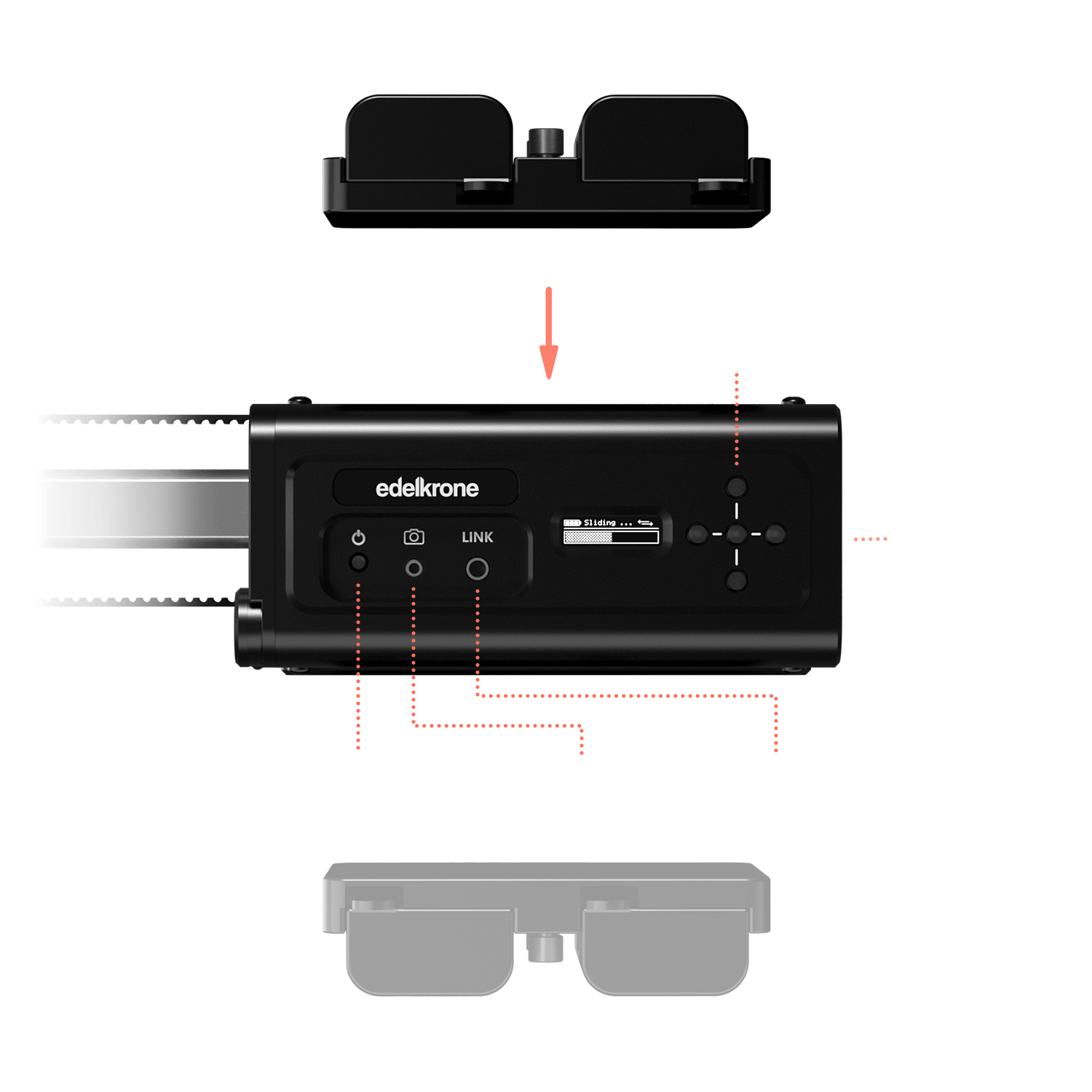 edelkrone SliderPLUS v6 ports and controls for power, wired control, and time-lapse