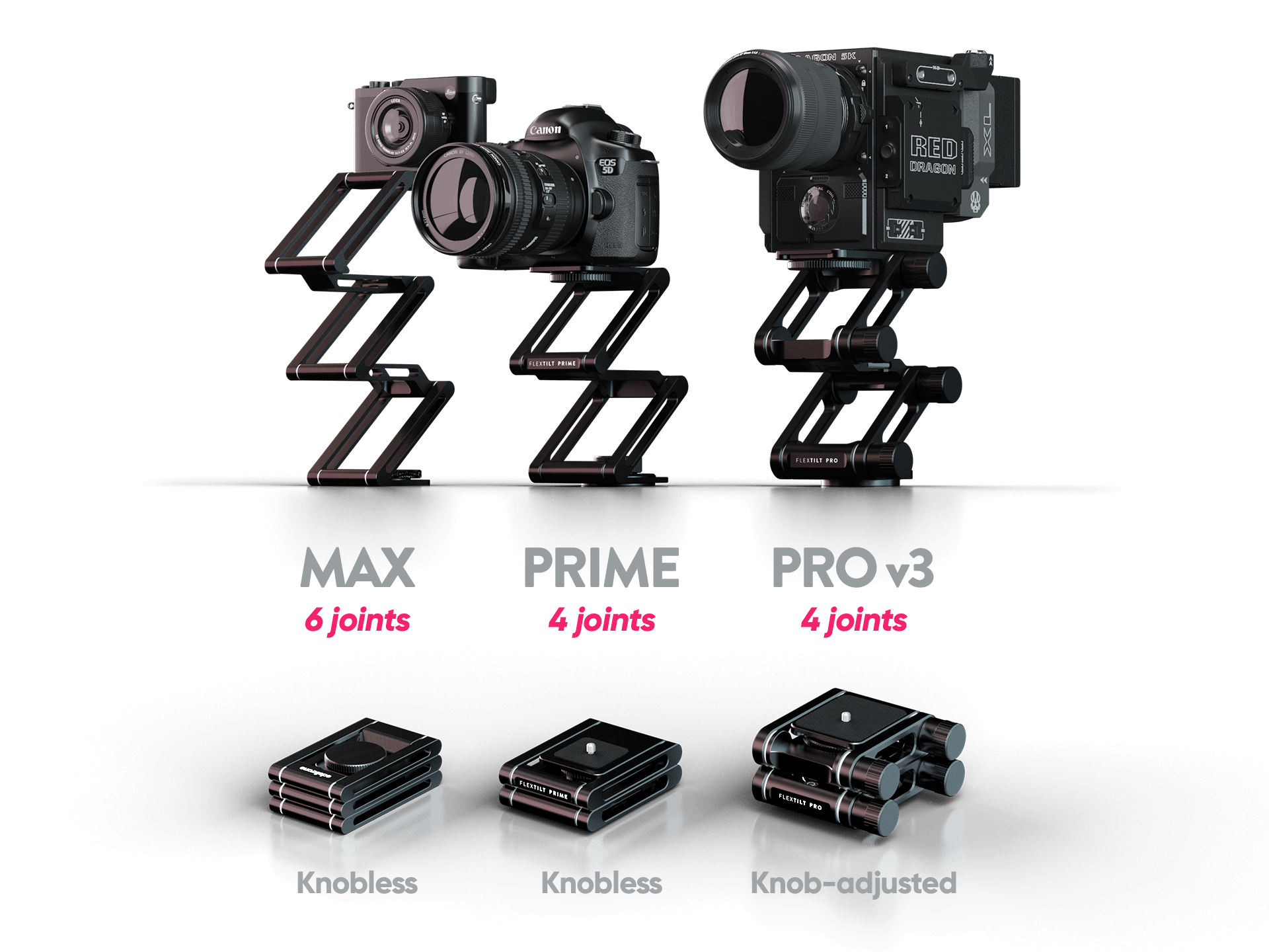 edelkrone FlexTILT MAX, PRIME, and PRO comparison showing joints and adjustment types