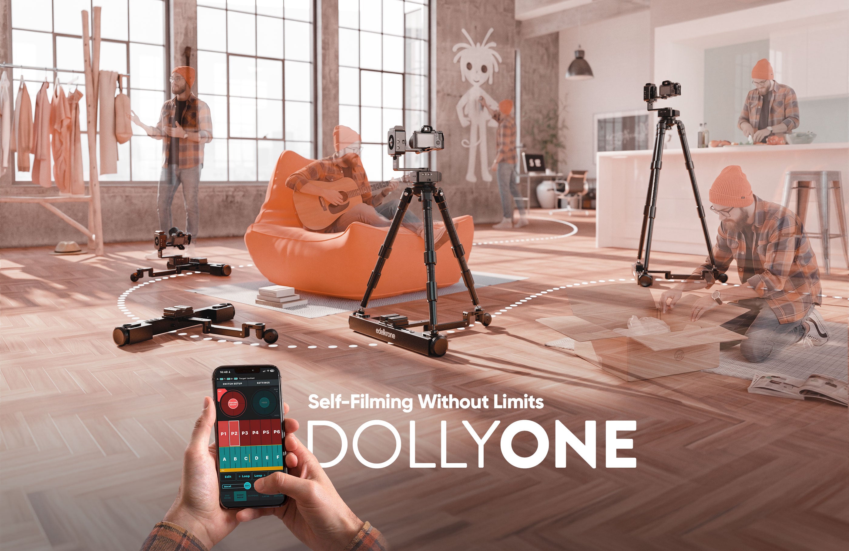 edelkrone DollyONE v2 shown for self-filming with app-controlled looping path motion